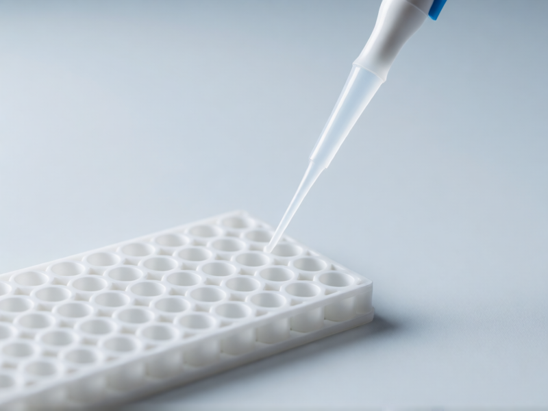 Лабораторный пипеттир над белой микропланшеткой, светло-голубой фон, чёткий фокус