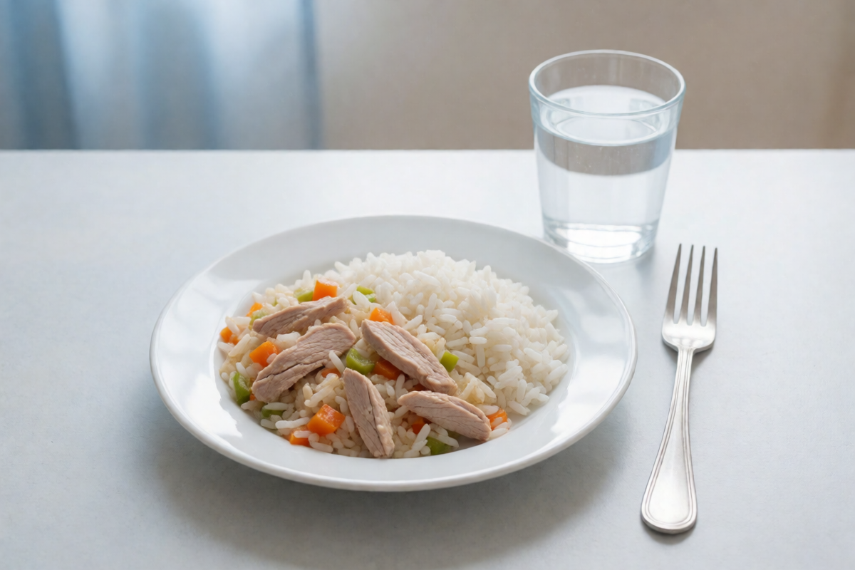 Тарелка с нежирным мясом, рисом и овощами, приготовленными на пару, на светлой поверхности, мягкий свет, без людей