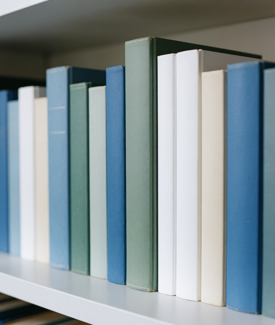 Полка с закрытыми медицинскими и научными книгами в тёплом рассеянном свете, спокойная академическая атмосфера