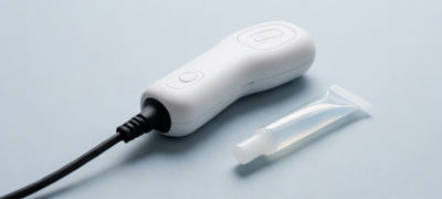 Ультразвуковой датчик, laid на светло-голубой поверхности, мягкий боковой свет, минималистичная композиция